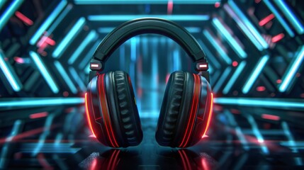A sleek pair of black and red headphones with neon accents, set against a futuristic backdrop of blue and pink lights, evoking a high-tech vibe.