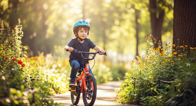 Caucasian boy riding bicycle in sunlit park. Kid on red bike in summer garden. Outdoor activity, childhood adventure. Children's safety with helmet. Family recreation concept. - Powered by Adobe
