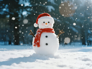 A delightful snowman, dressed in a red Santa hat and scarf, stands proudly in a snowy forest as gentle snowflakes fall, creating a magical and classic winter scene.
