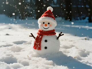 A delightful snowman, adorned with a red Santa hat and scarf, stands in a bright, snowy landscape with gentle snowflakes falling, capturing the essence of winter joy.
