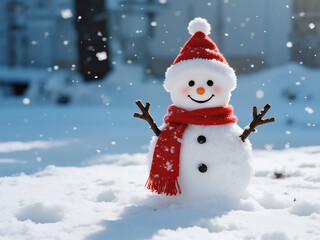 Fototapeta premium A charming snowman, adorned with a bright red Santa hat and matching scarf, stands smiling in a beautiful snowy landscape with gentle snowflakes falling. 