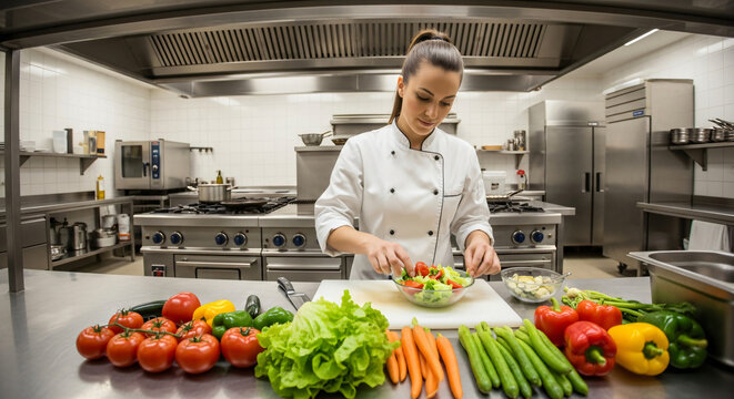 Woman chef preparing fresh vegetables in professional kitchen. Culinary arts, food preparation, and industry. Healthy cooking, restaurant business with commercial equipment - Powered by Adobe
