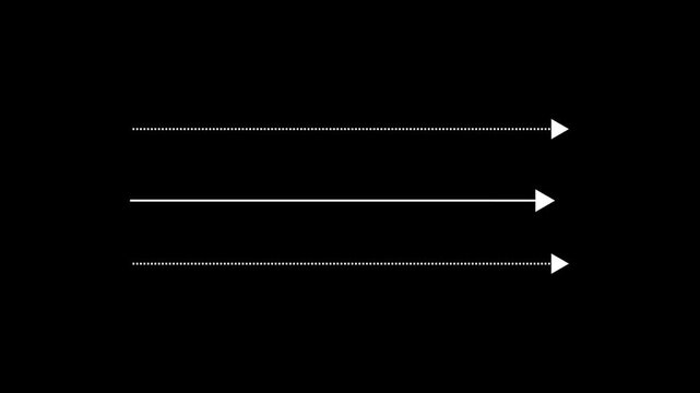 Black straight arrows animation. Reveal and hide animation of solid, dashed, and dotted arrows. Isolated on a white background. Glowing arrow animation.