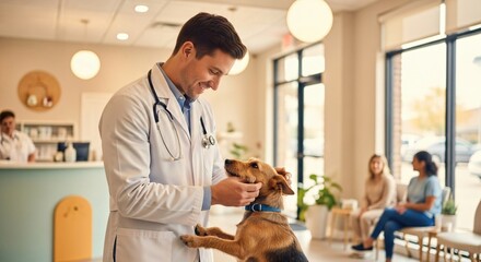Veterinarian examining dog in modern clinic. Pet healthcare, animal hospital concept. Vet checkup for canine patient. Medical service for pets with waiting room