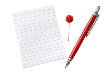 Blank notepad, red pen, and red pin