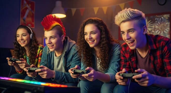 Diverse of young friends playing video games together. Diverse teenagers enjoying multiplayer console gaming. Entertainment and social activity for youth, game night concept