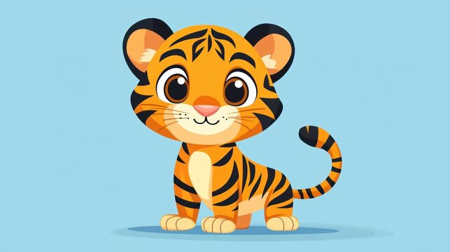 Cute cartoon tiger cub, sitting pose, light blue background, children's book illustration