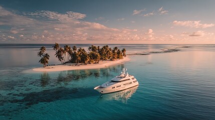 Aerial photo of sleek white yacht anchored near tropical island with palm trees, captured during golden hour under clear blue sky