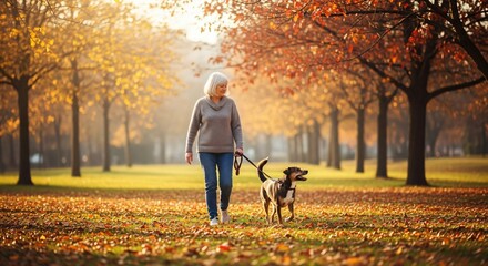 Senior woman walking dog in autumn park at sunset. Elderly female with pet enjoying fall season. Active lifestyle and companionship concept for older adults