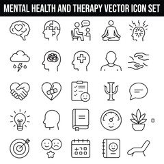 Mental Health and Therapy Vector Icon Set with Adjustable Line Weight Featuring Brain, Speech Bubble, Puzzle, Conversation, Meditation, Lotus, Support, Call, Empathy, 24/7, Cloud Thinking, and Checkle