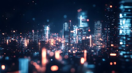 Night cityscape with blurred foreground lights and illuminated buildings in the background.