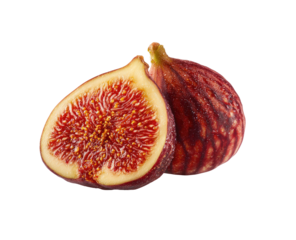 Two halves of a fig, vibrant red-purple flesh, seeds visible