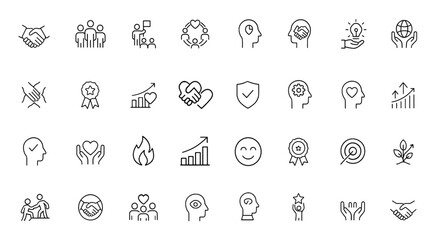 Core values vector icon set with thin linear pictograms of business ethics, teamwork, leadership, diversity, integrity, trust, innovation, sustainability principles illustration, company culture