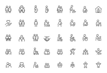 Vector family and relationship icon set with glyph pictograms of couple, parent, child, elderly, pregnancy, parenting, community, single mother, social care black silhouette illustration,