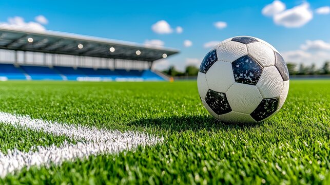 Soccer Ball on Green Field  Stadium Background