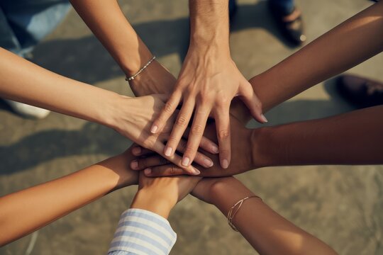 Diverse hands stacked together in unity teamwork diversity