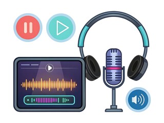 Podcast and Audio Recording Equipment with Playback and Volume Controls Illustration
