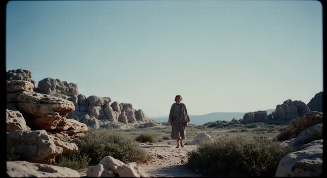 Person hiking through rocky desert landscape with mountains in background. Outdoor adventure and exploration concept. Cinematic view of lone traveler in arid wilderness. - Powered by Adobe