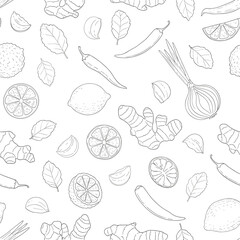 Hand drawn ingredients pattern featuring ginger lemon garlic chili pepper and herbs