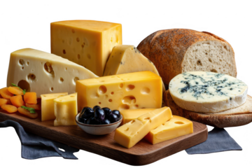 Assortment of cheeses and bread on wooden board isolated on transparent background