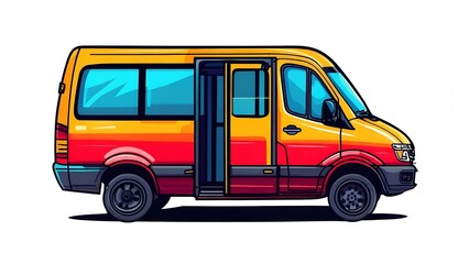 Vibrant Yellow and Red Van with Open Door and Blue Windows