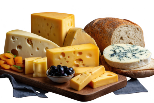 Assortment of cheeses and bread on wooden board isolated on transparent background - Powered by Adobe