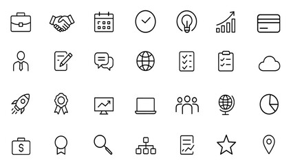 Business icon set glyph: vector briefcase, handshake, calendar, clock, lightbulb idea, target, graph, credit card, wallet, black silhouette pictograms illustration, finance, office, corporate