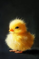 This charming image features a fluffy yellow chick standing on a dark background, evoking a sense of warmth and innocence. Perfect for projects focusing on nature or spring themes.