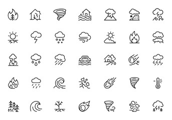 Fototapeta na wymiar Natural disaster and weather hazard icon set: thin linear vector pictograms of environmental calamities including wildfire, earthquake, tornado, flood, tsunami, volcanic eruption, blizzard