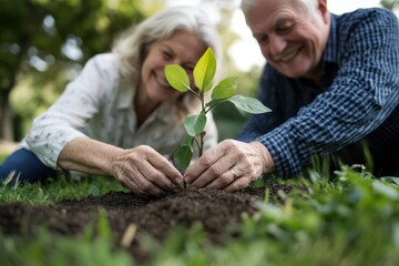 Close-knit senior couple smiles as they plant a sapling in their backyard, sharing a moment of joy and enthusiasm for gardening in natural surroundings