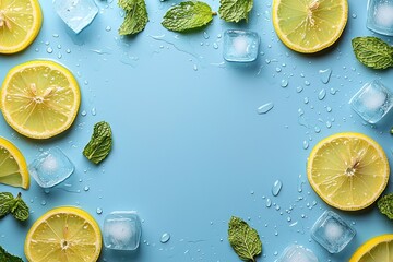 Overhead image of scattered lemon slices, mint leaves and ice cubes forming fresh, lively border on textured aqua background with water droplets, ideal for posters and digital campaigns