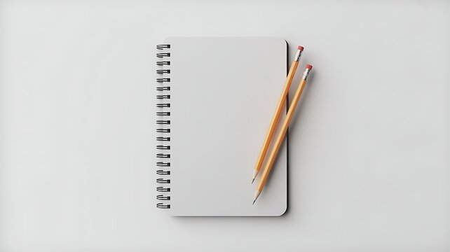 Minimalist spiral notebook with a wooden pencil on a white background - Powered by Adobe