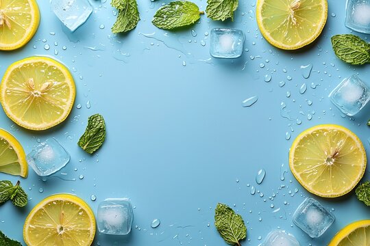 Overhead image of scattered lemon slices, mint leaves and ice cubes forming fresh, lively border on textured aqua background with water droplets, ideal for posters and digital campaigns