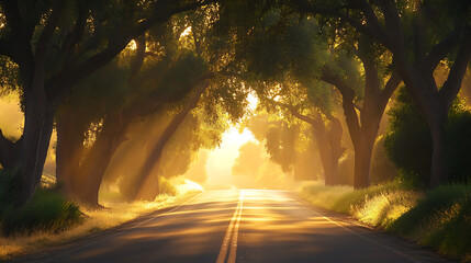 A tree-lined road as it appears in the middle of the journey, just after the dawn breaks
