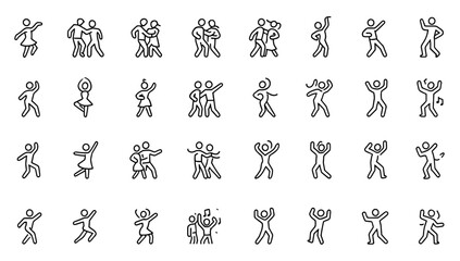 Dance vector icon set: thin linear illustrations of various dancing styles including ballet, hip-hop, salsa, tango, samba, flamenco, jazz, traditional folk, disco, freestyle, pictograms,