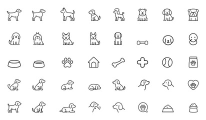 Vector line icon set of dog breeds: labrador, golden retriever, german shepherd, beagle, bulldog, poodle, dachshund, pug, shih tzu, maltese, yorkshire terrier thin linear illustration.