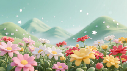 Obraz premium Illustration of colorful chrysanthemums and mountain ranges
