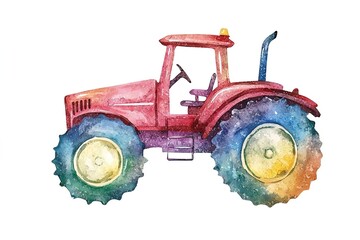 Decorative watercolor image of multicolored tractor with bold, hand painted brushstrokes, captured in clean white space, suitable for rural themed artwork and school projects