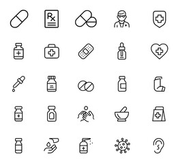 Pharmacy and medicine vector icon set featuring thin outline pills, prescriptions, capsules, bottles, tablets, pharmacist, drug safety, healthcare symbols, medical illustration, pharma icons
