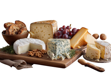 Gourmet cheese platter with grapes bread and nuts isolated on transparent background