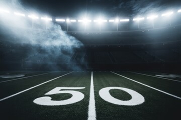 Football stadium fifty yard line with bright lights and smoke