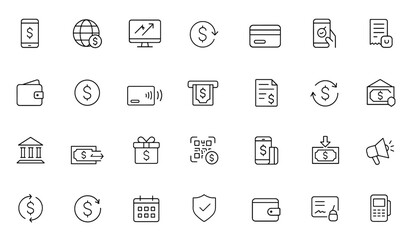 Financial transaction and payment icon set: thin linear vector pictograms of digital payments, money transfers, banking services, credit card, ATM, cash wallet illustration, finance