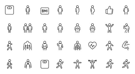 People body weight icon set: vector line pictograms of scale, figure, BMI, overweight, underweight, pregnant, health status, thin linear illustration, wellness, fitness, anatomy.