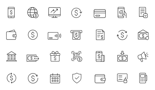 Financial transaction and payment icon set: thin linear vector pictograms of digital payments, money transfers, banking services, credit card, ATM, cash wallet illustration, finance