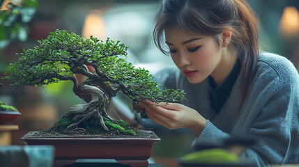  A woman deeply concentrated in titivating her bonsai tree 