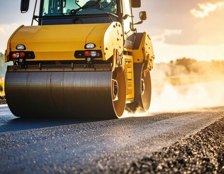 low-angle shot of a yellow asphalt paver machine laying new road surface with steam rising from the hot asphalt under a bright backlit sky.