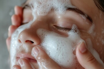 A teenager playfully washes their face with a foaming cleanser, surrounded by playful bubbles. The relaxed atmosphere highlights a personal moment of self-care. Natural light brightens the bathroom