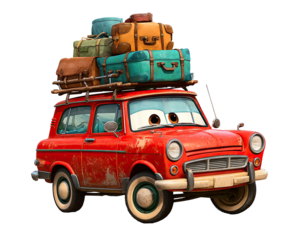 Rusty red vintage car, loaded with suitcases