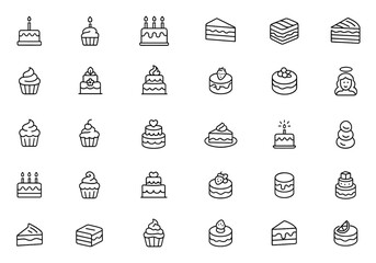 Birthday cake line icon set, vector pictograms of cupcakes, wedding cakes, cheesecake, pastry dessert, thin linear illustration, bakery symbols, celebration icons, sweets, party, dessert, food
