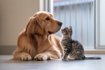 Golden retriever dog and tabby kitten interaction image